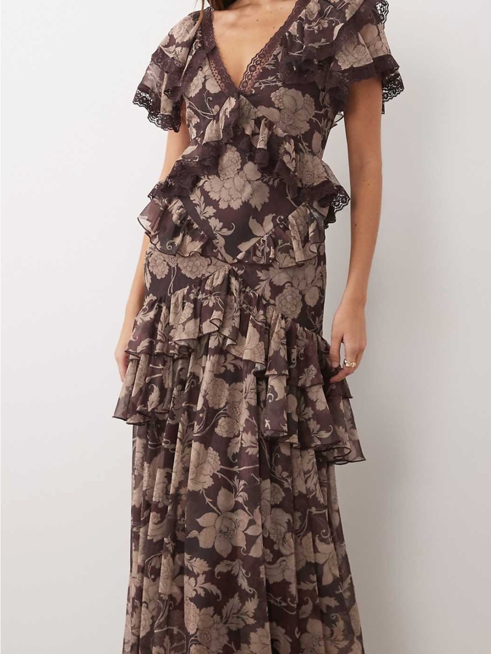 ASOS Brown Floral Ruffle Maxi Dress